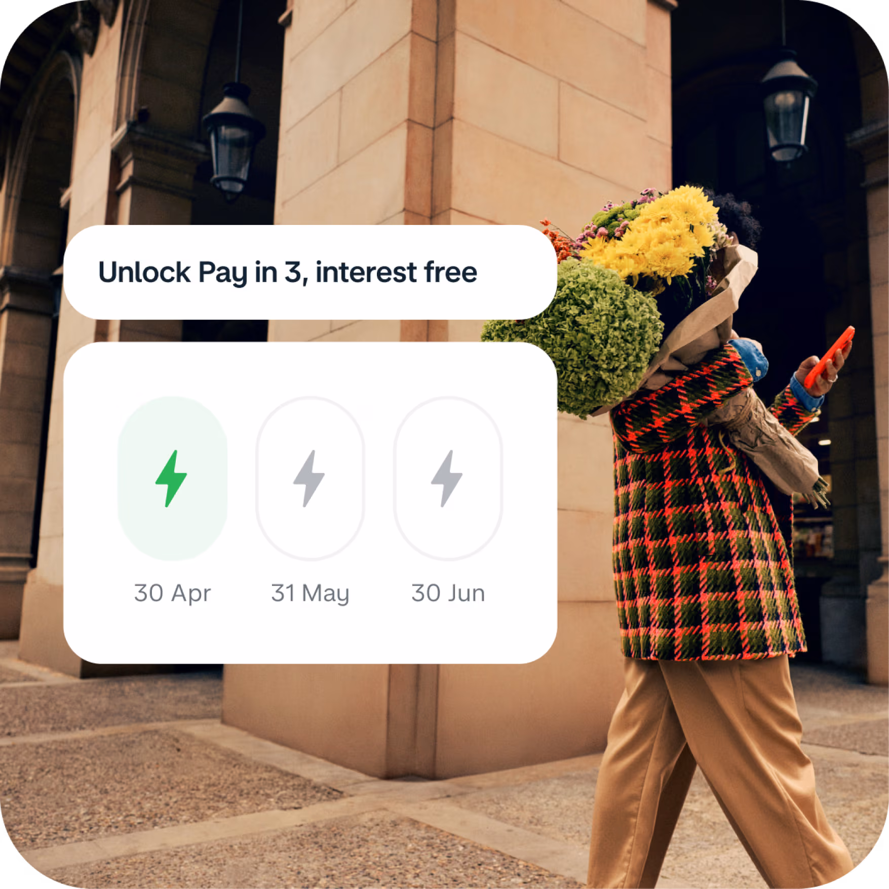 A background of a man carrying flowers, with an overlay of an app screen showing a first payment made out of three
