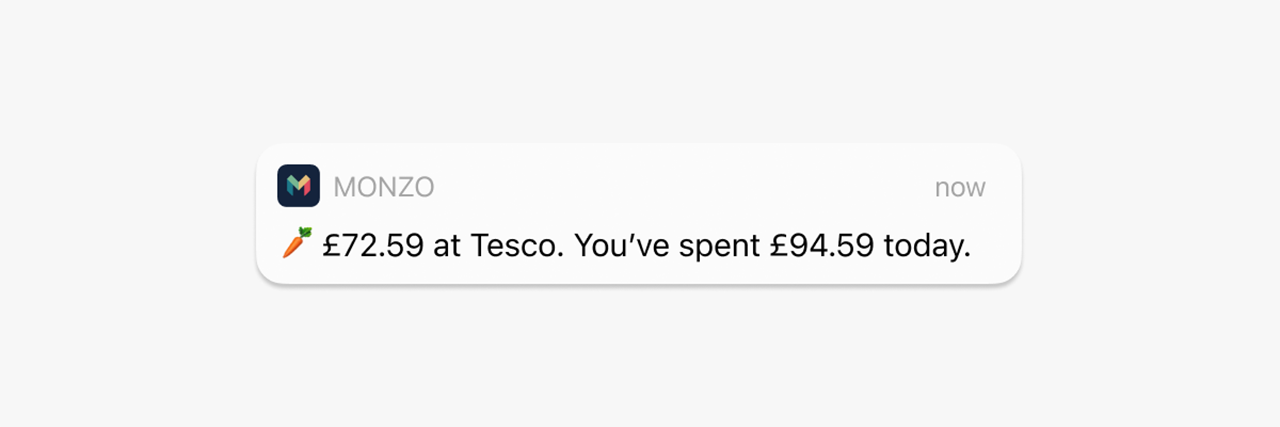 Monzo notification saying "£72.59 at Tesco. You've spent £94.59 today." 