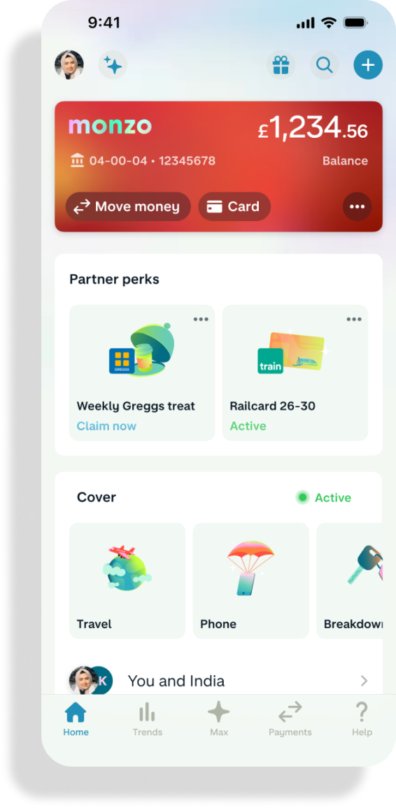 Monzo overview screen showing a current account with Max subscription.