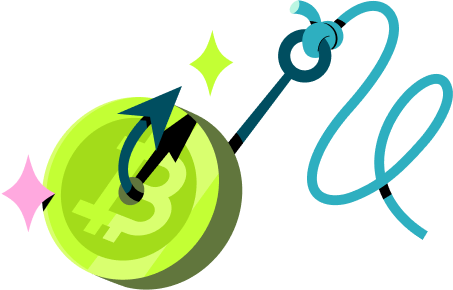 Lime green illustration of bitcoin logo with an anchor going through it to illustrate that men are being scammed using crypto investments.