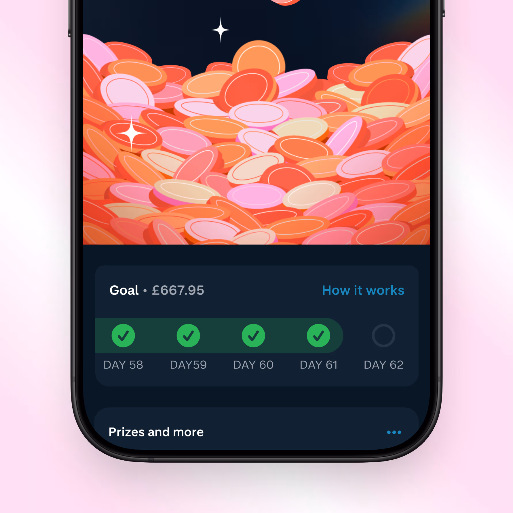 A smartphone shows a screen from the Monzo app for the Saving Challenge. Many hot coral coins are piling up above a daily tracker, which shows green ticks for the last 4 days. 