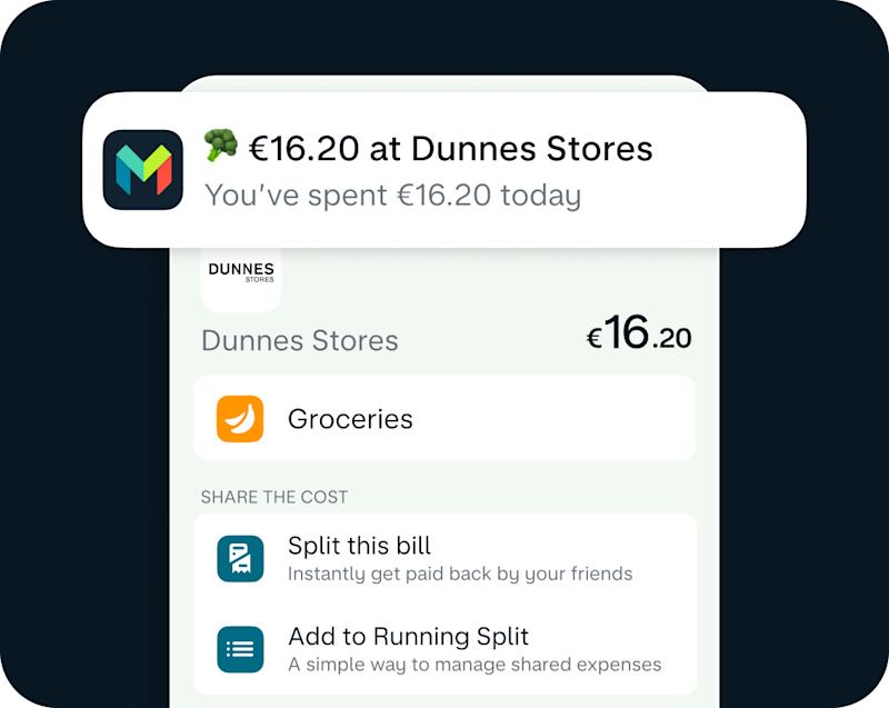 Monzo app showing a €16.20 groceries transaction at Dunnes Stores with options to split the bill or add to a Running Split.