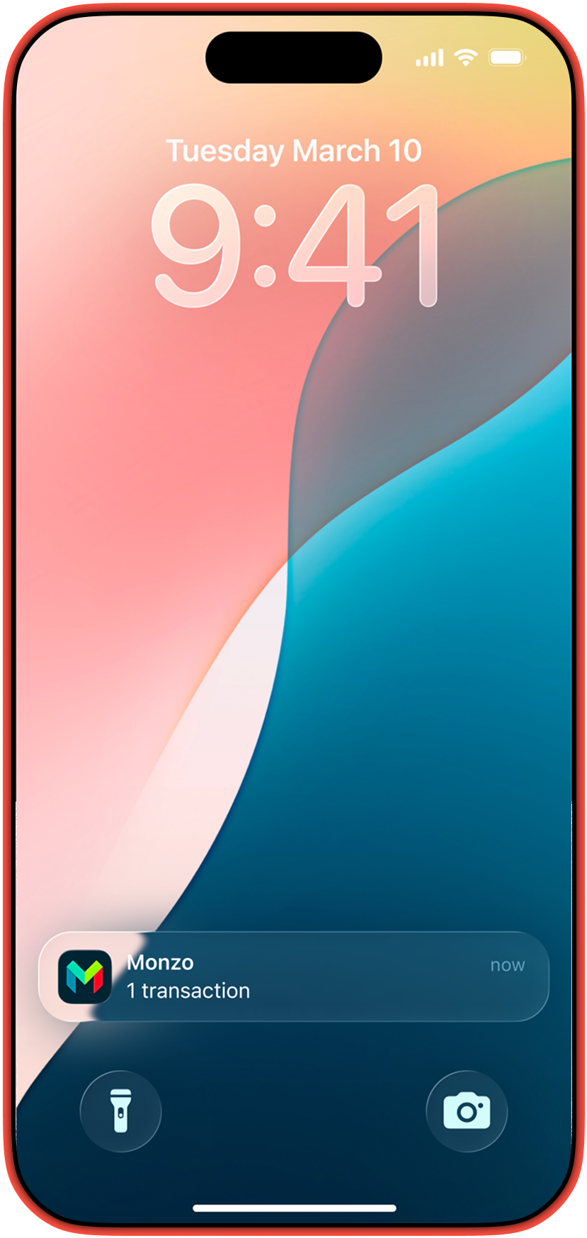 iPhone screen showing 9:41 on Tuesday, March 10th, with a Monzo notification about 1 new transaction.