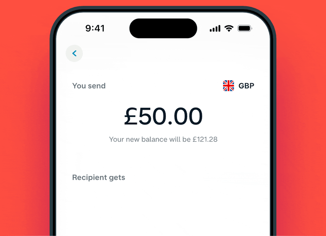 An animation of a phone with the Monzo app open, showing a person sending money from Great British Pounds to a range of other currencies.