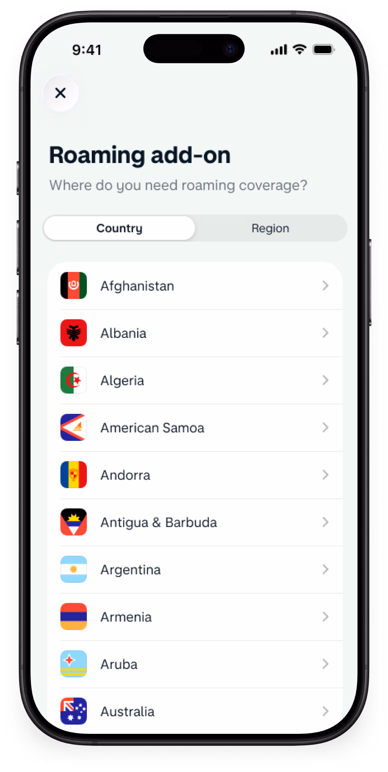 A phone screen shows the option to add a roaming add on and an example list of countries included.