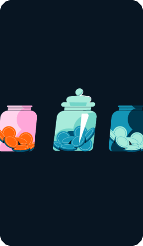 An animation showing a selection of pots which are being filled with coins.