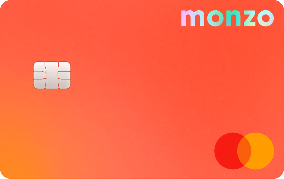 A Monzo debit card for Perks customers - the card has a gradient cover and a holographic logo in the corner.