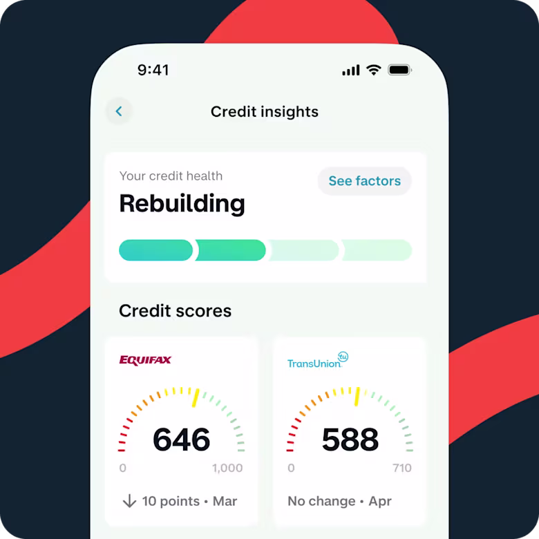 An image of the Monzo credit insights app experience showing example credit scores