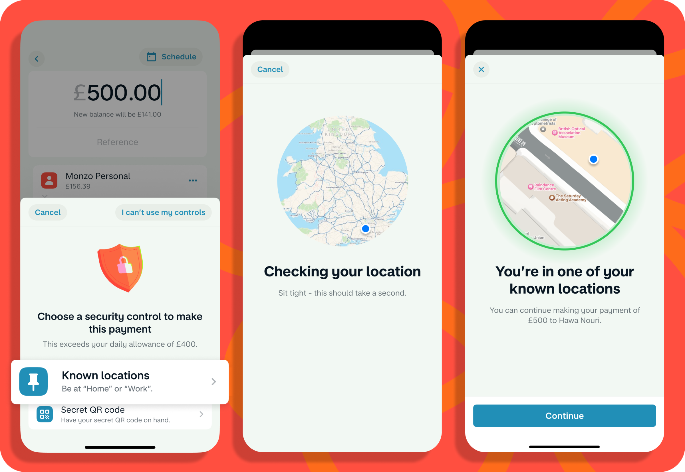 Three mobile phone screens showing the Monzo app user interface that lets customers add 'known locations' as an extra security control when making large payments.