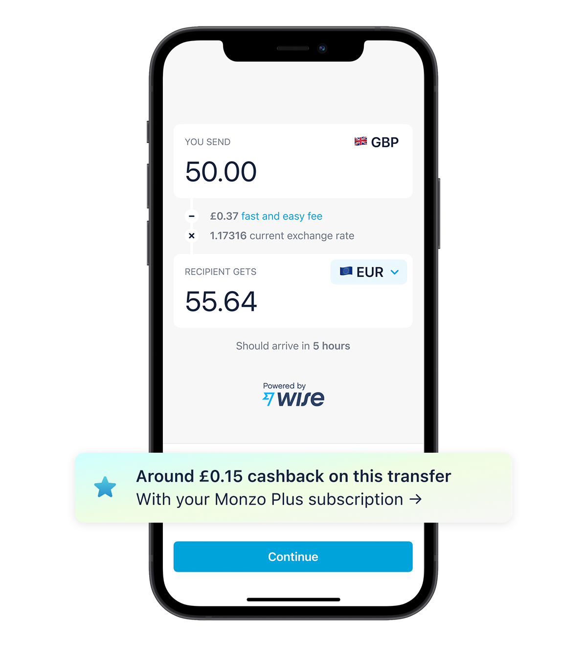 A phone screen showing the international transfers screen inside Monzo. Now with added cashback.