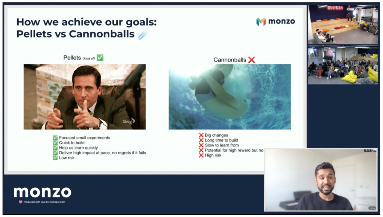 A picture of Shnay presenting a slide about Pellets vs Cannonballs, which is how our squad experiments at Monzo 