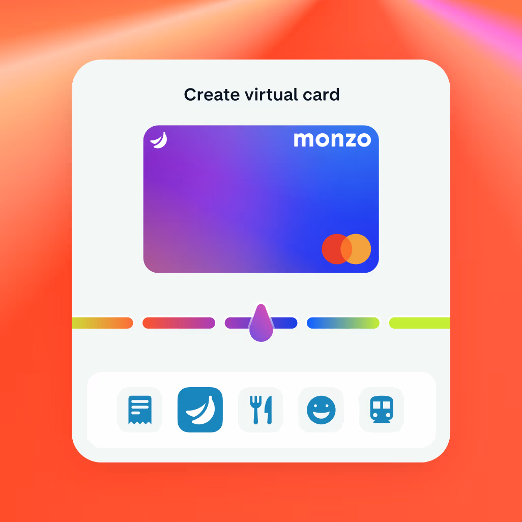 A smartphone shows the Monzo app's "Create virtual card" screen with a purple-to-blue gradient card preview centred. Below is a horizontal colour slider ranging from yellow-green to red-purple, with a purple droplet indicating the selected colour. Underneath, a dark rounded bar displays five light blue icons for spending categories: expenses, groceries, eating out, entertainment, and travel. At the bottom is a text field to input a card name.