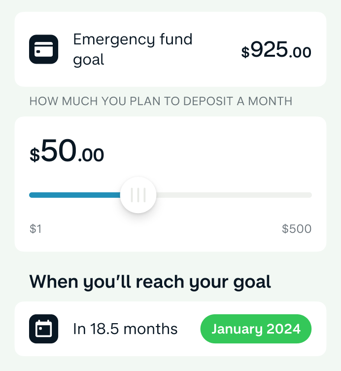 Monzo app screen with an emergency fund goal of $925 followed by a slider set to $50 for "how much you plan to deposit a month". The bottom shows an estimate of reaching that goal in 18.5 months (January 2024 as calculated at the time).