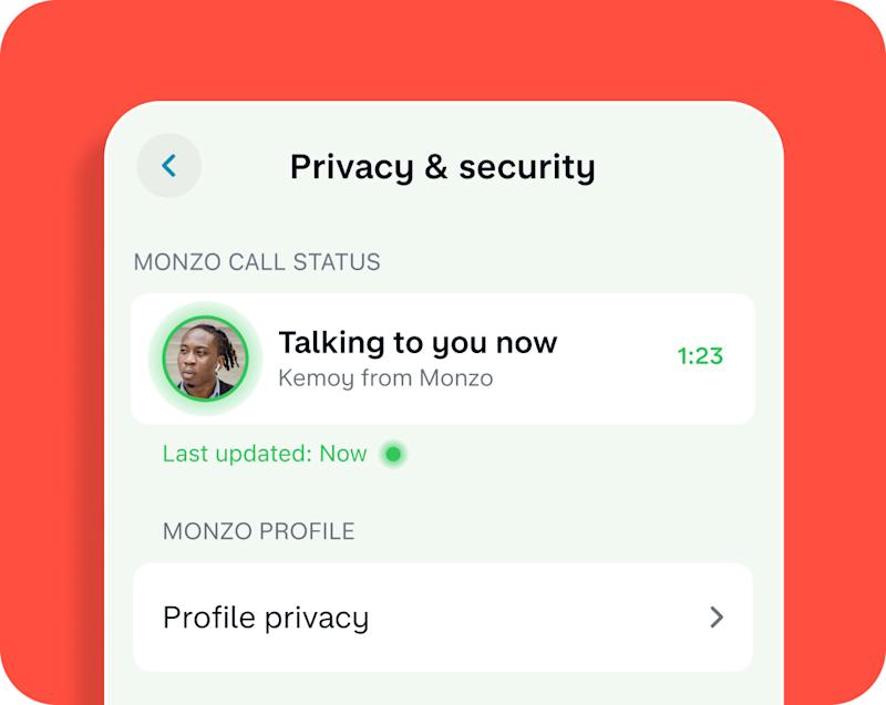 Monzo app UI of the call status tool – showing when someone calls. On a hot coral background.