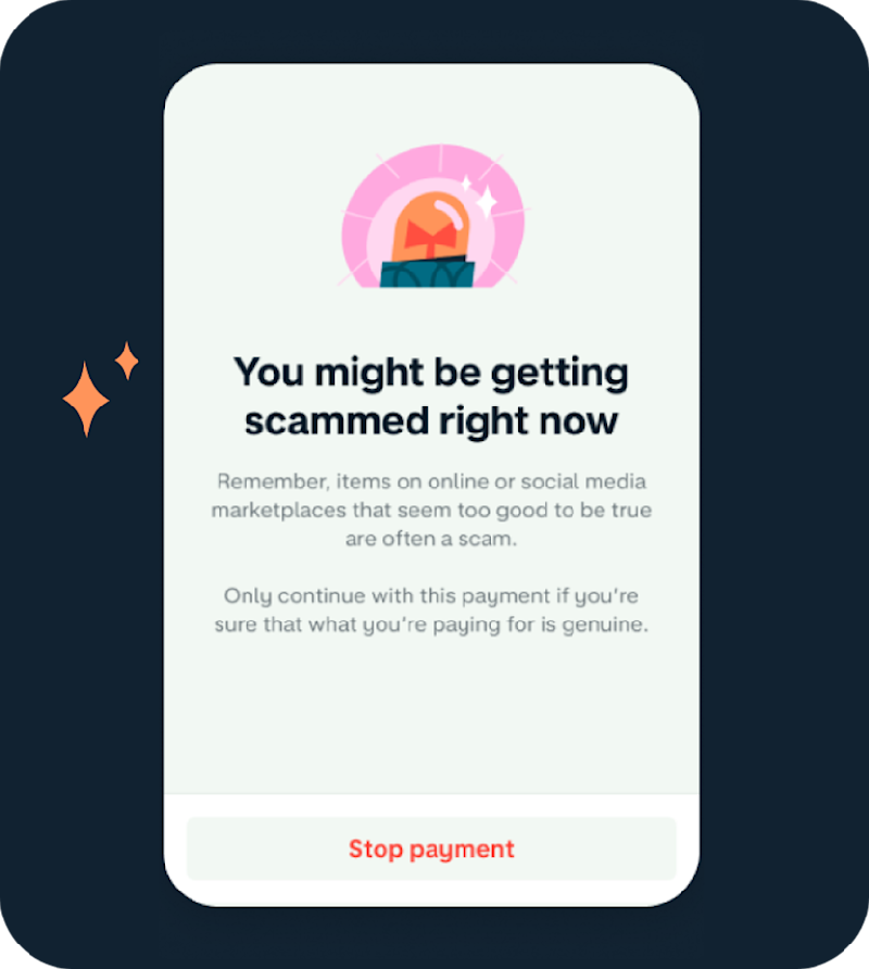 A snapshot of the user screen in the Monzo app that helps customers pause and reflect before making a risky payment.