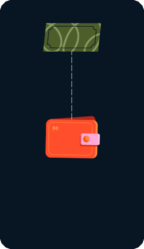 An animation of money entering a wallet, and then the wallet appearing full