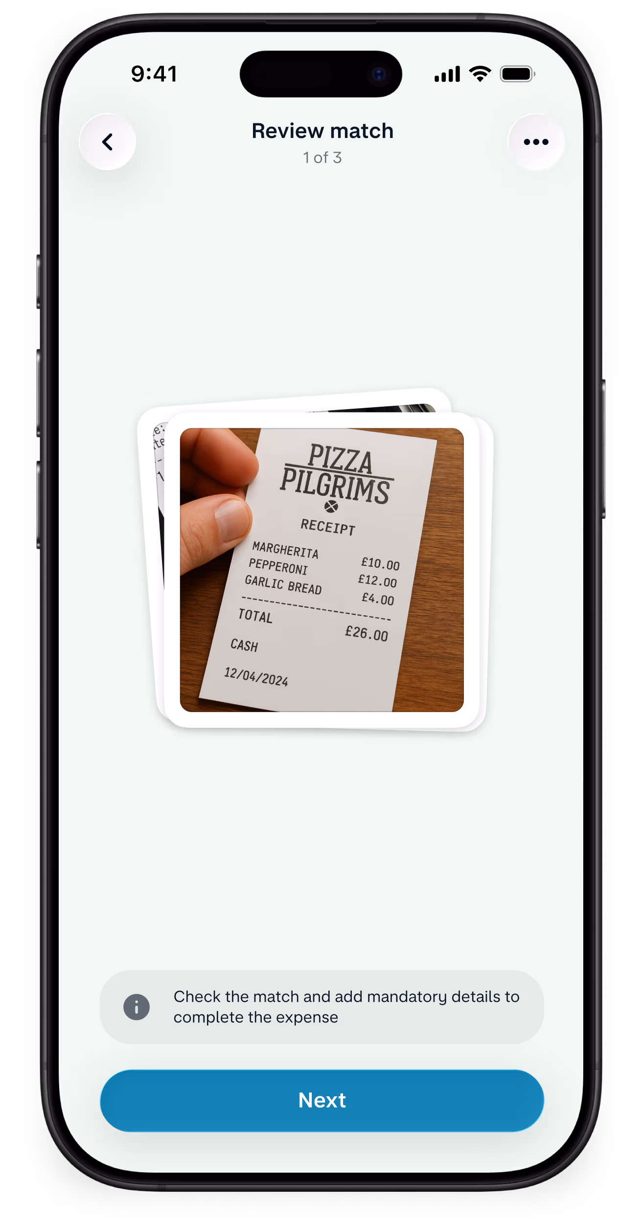 An app screenshot showing a picture of a receipt to log an expense