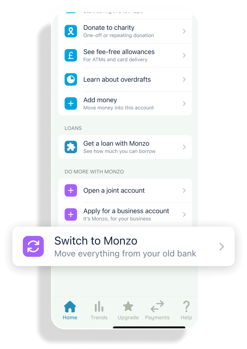 A screen within the Monzo app, highlighting the "Switch to Monzo" option.