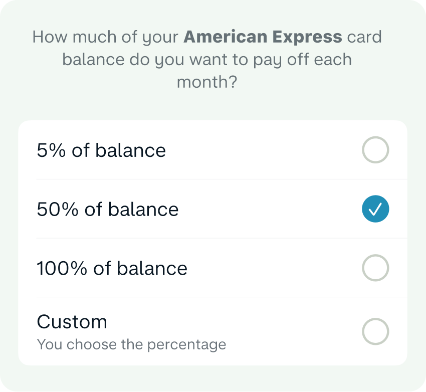 App screen prompt asks "How much of your American Express card balance do you want to pay off each month?" The 4 selection options are "5% of balance", "50% of balance", "100% of balance", and Custom - you choose the percentage. The option for 50% of balance is currently selected