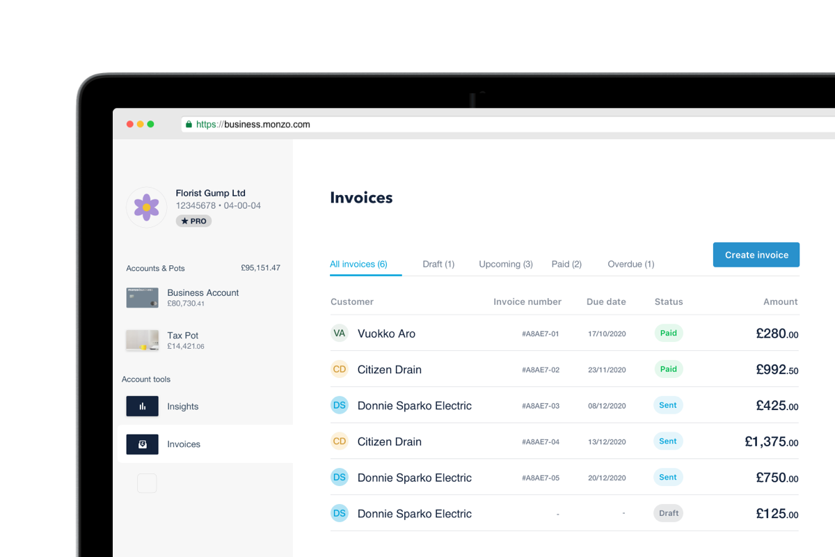 Illustration showing invoices on Monzo Business on the Web.