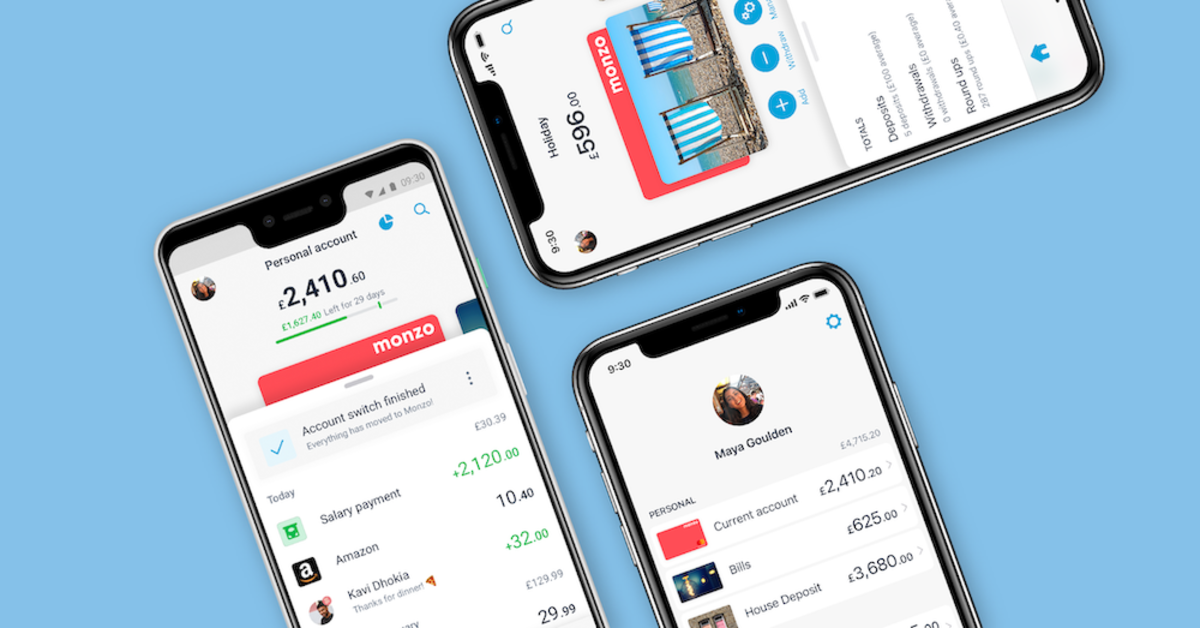 Three phones, showing Monzo's new look