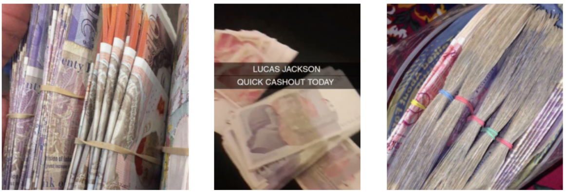 a set of instagram pictures showing bills and calling out 'quick cash out today'