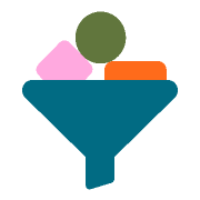 A teal cocktail glass with pink, green, and orange stylized ice cubes on top