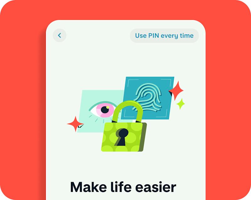 Monzo app screen showing security options with illustrations of a padlock, eye, and fingerprint, with the text 'Use PIN every time' and 'Make life easier'.