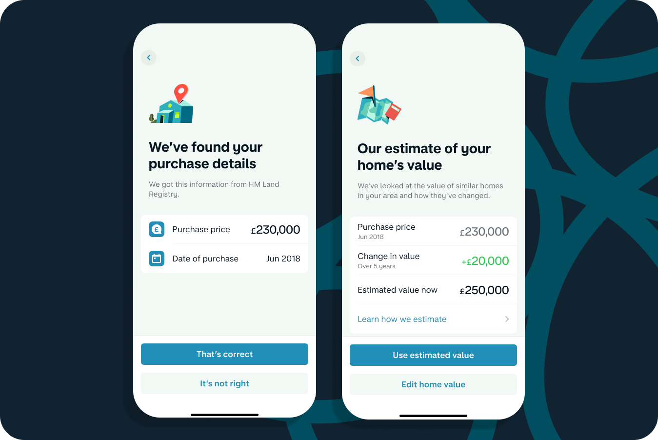 2 screenshots showing the customer’s property details found at the Land Registry and the estimated home value.