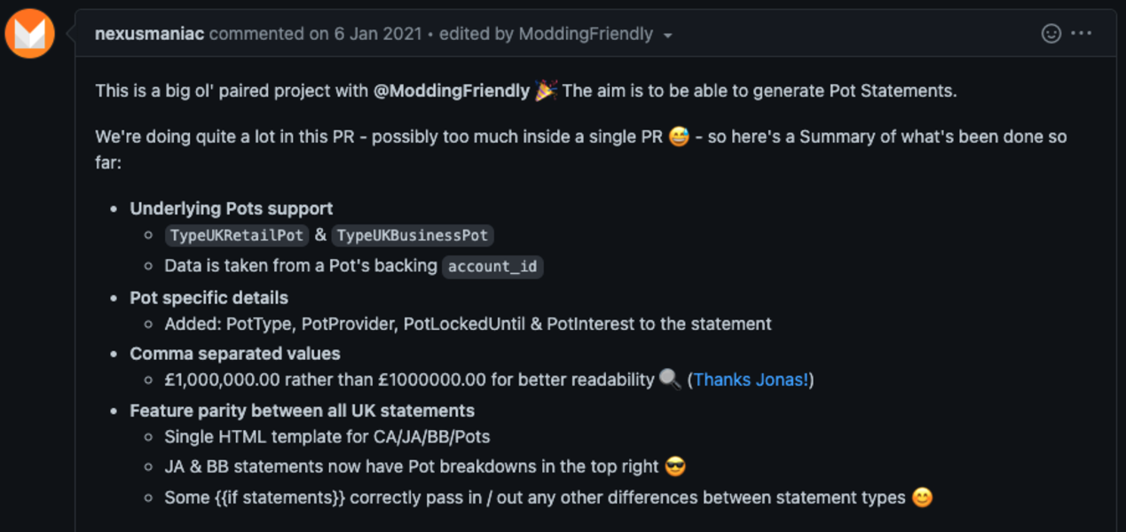 Kyle and Marcus’ initial pull request in GitHub to generate statements for Pots