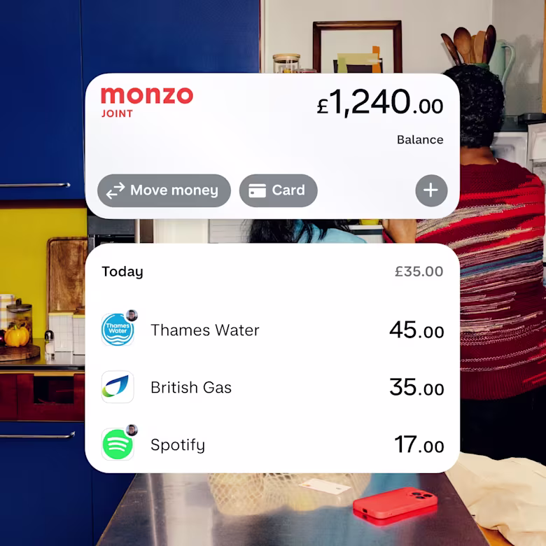 Monzo Joint Account screen showing a shared balance and recent household bill payments.