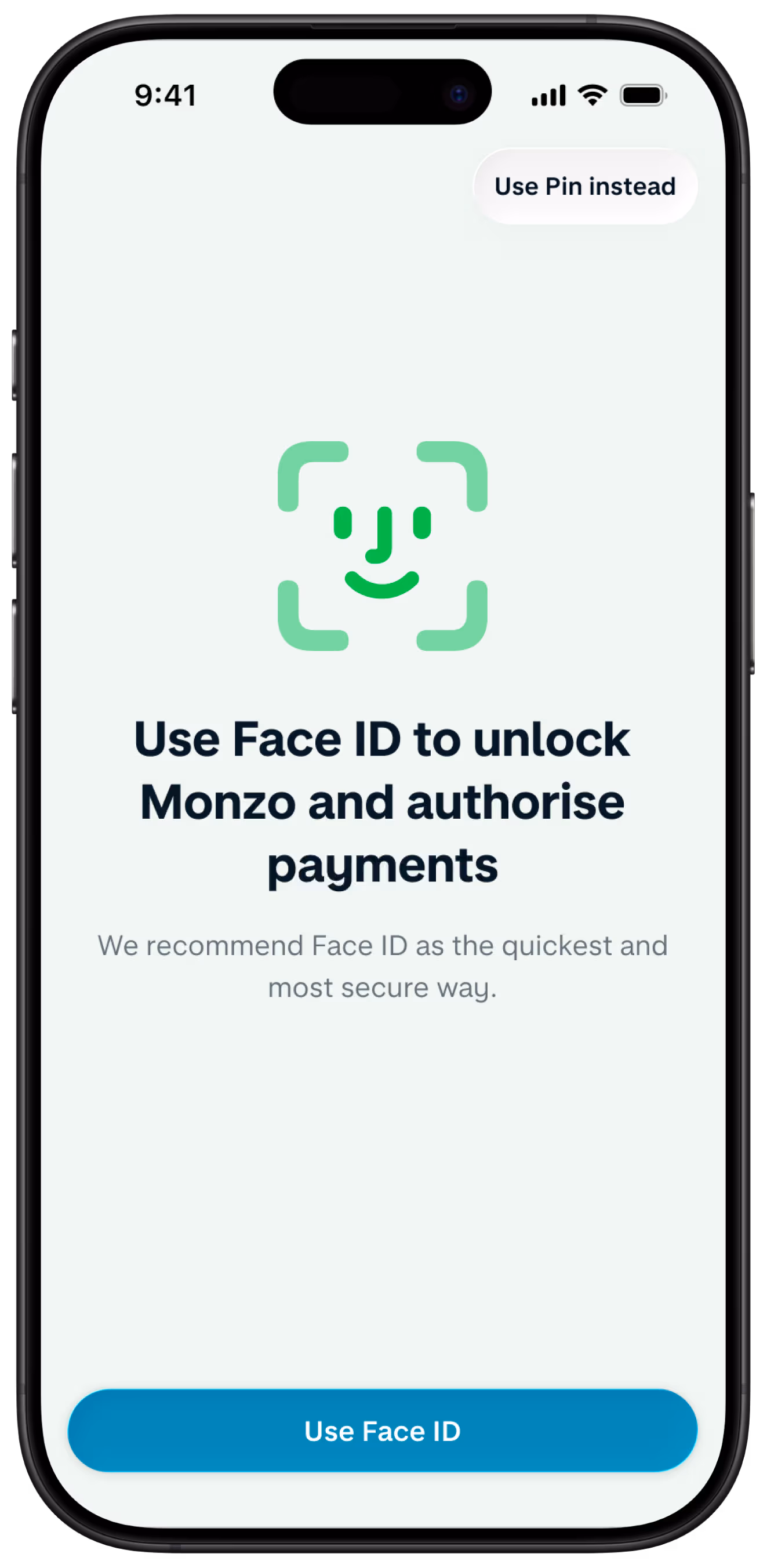 iPhone interface prompted to "Use Face ID to unlock Monzo and authorise payments."