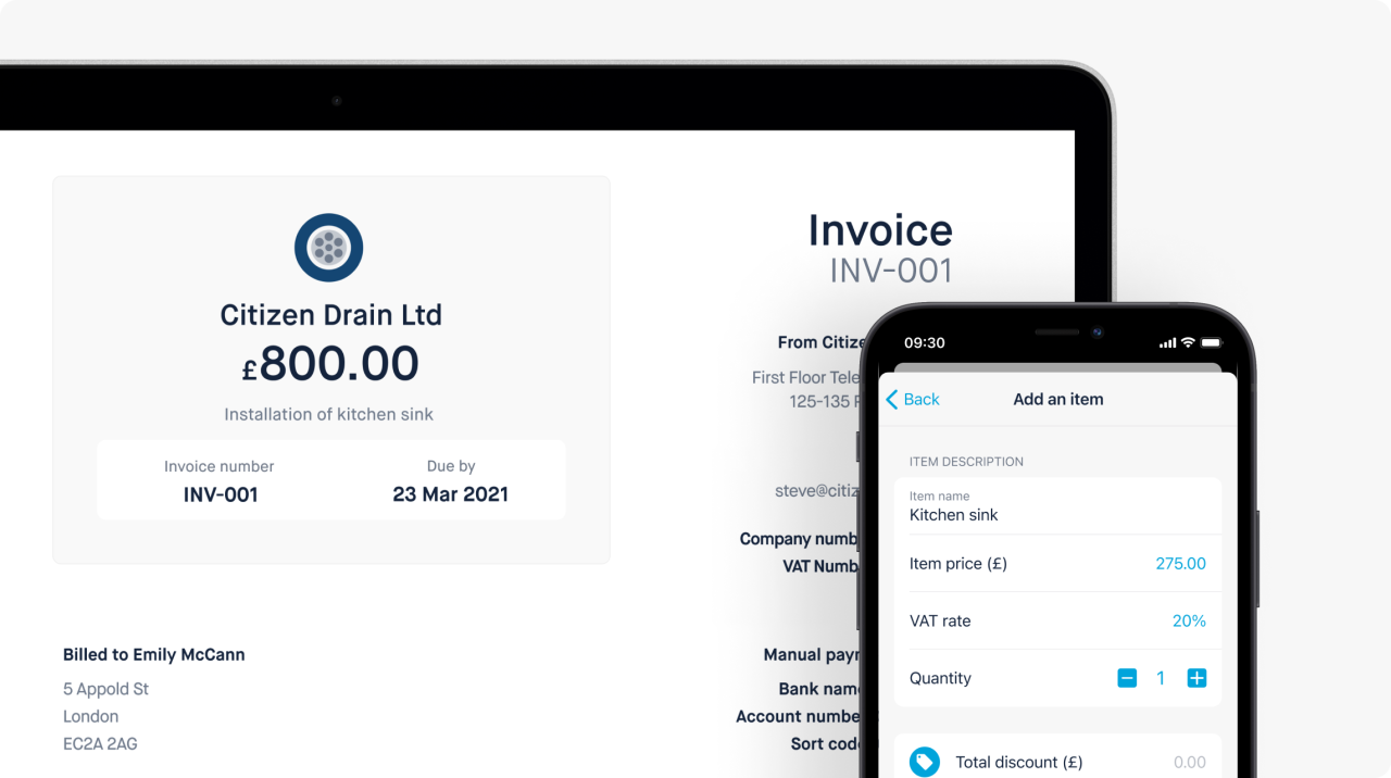Image showing Monzo Business invoices on a mobile and desktop device.
