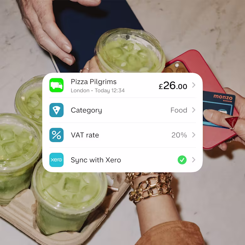 An app screenshot showing a transaction record being categorised and syncing with Xero accounting software