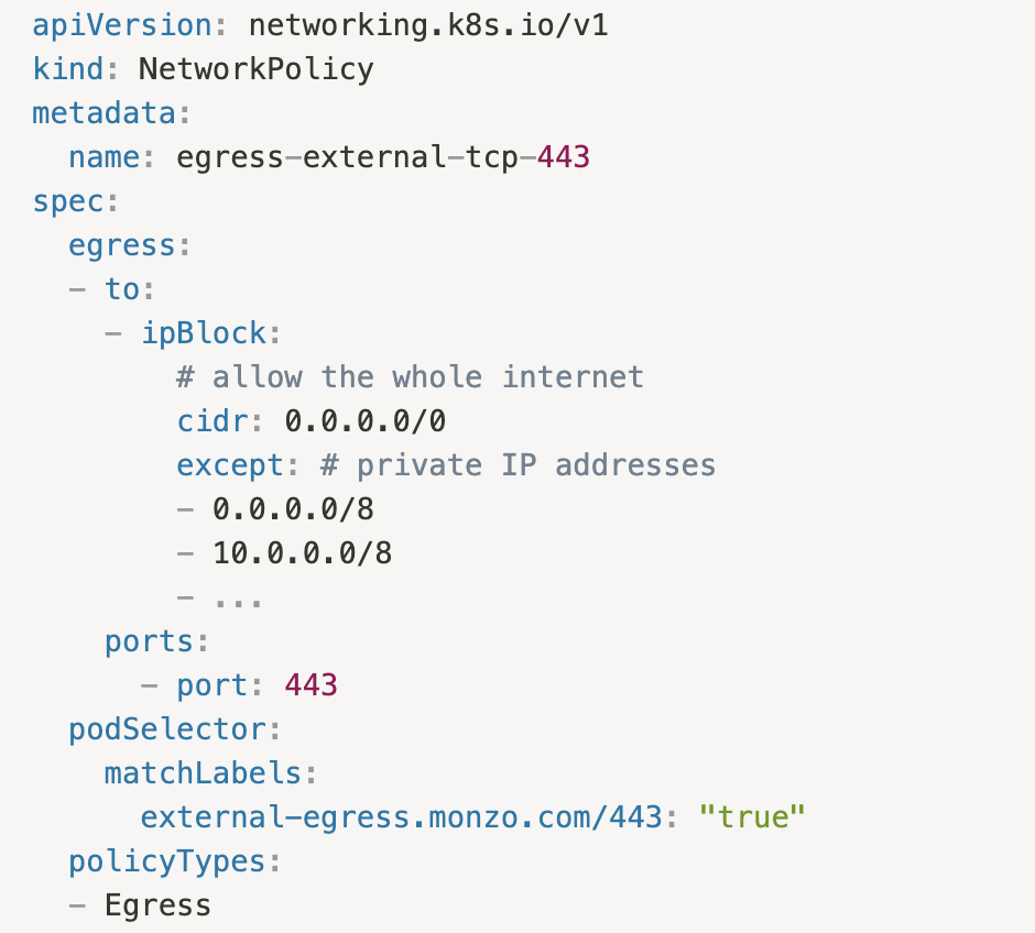 apiVersion: networking.k8s.io/v1
kind: NetworkPolicy
metadata:
  name: egress-external-tcp-443
spec:
  egress:
	- to:
		- ipBlock:
				# allow the whole internet
				cidr: 0.0.0.0/0
				except: # private IP addresses
        - 0.0.0.0/8
        - 10.0.0.0/8
        - ...
		ports:
			- port: 443
  podSelector: 
		matchLabels:
			external-egress.monzo.com/443: "true"
  policyTypes:
  - Egress