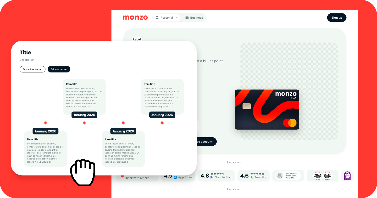 An illustration demonstrating plug-and-play autonomy, showing a reusable modular content block layout over a mock Monzo webpage.