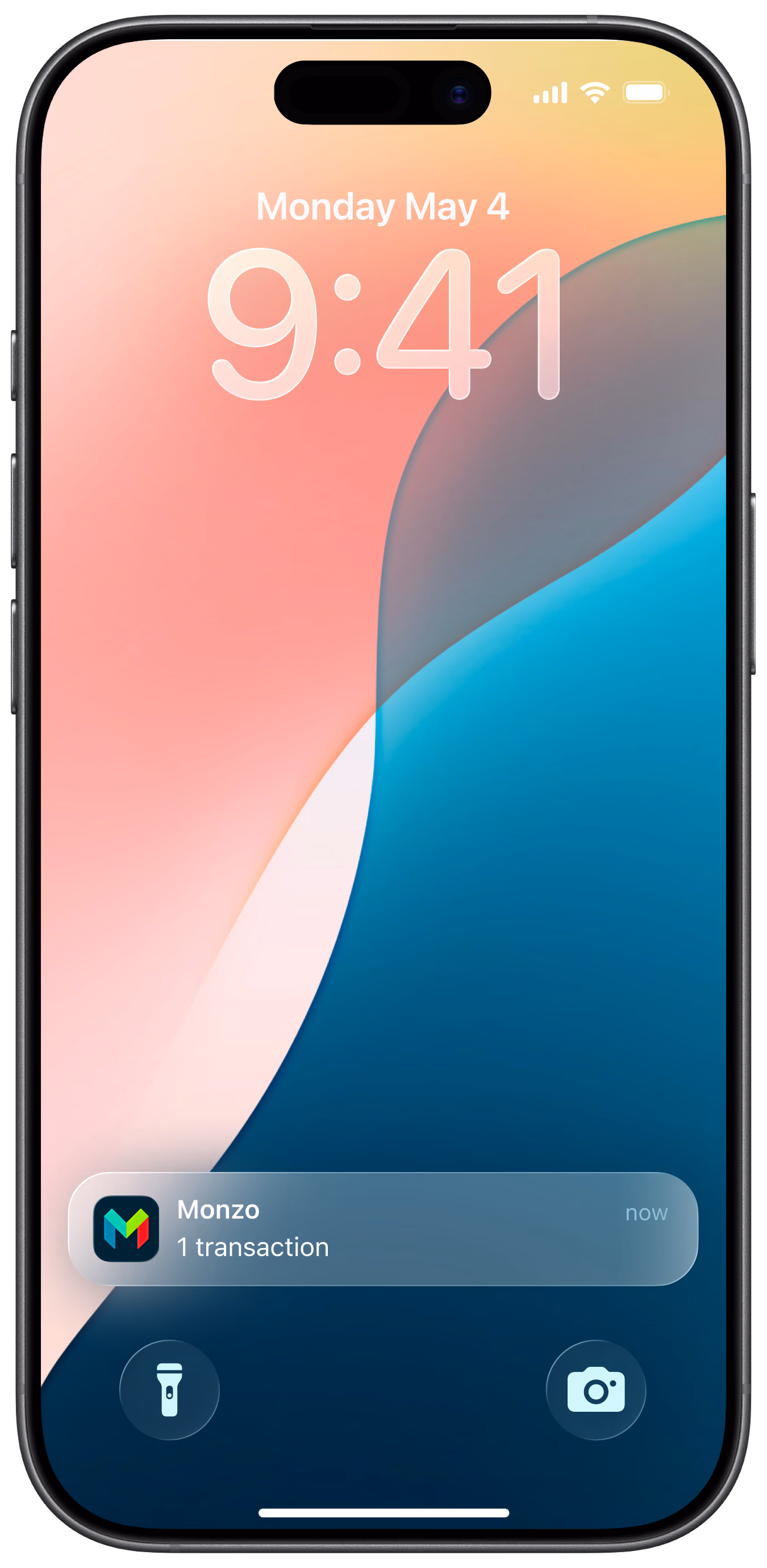 A smartphone with a hot coral frame displays a lock screen with a gradient wallpaper, showing the time 9:41 and a Monzo notification.