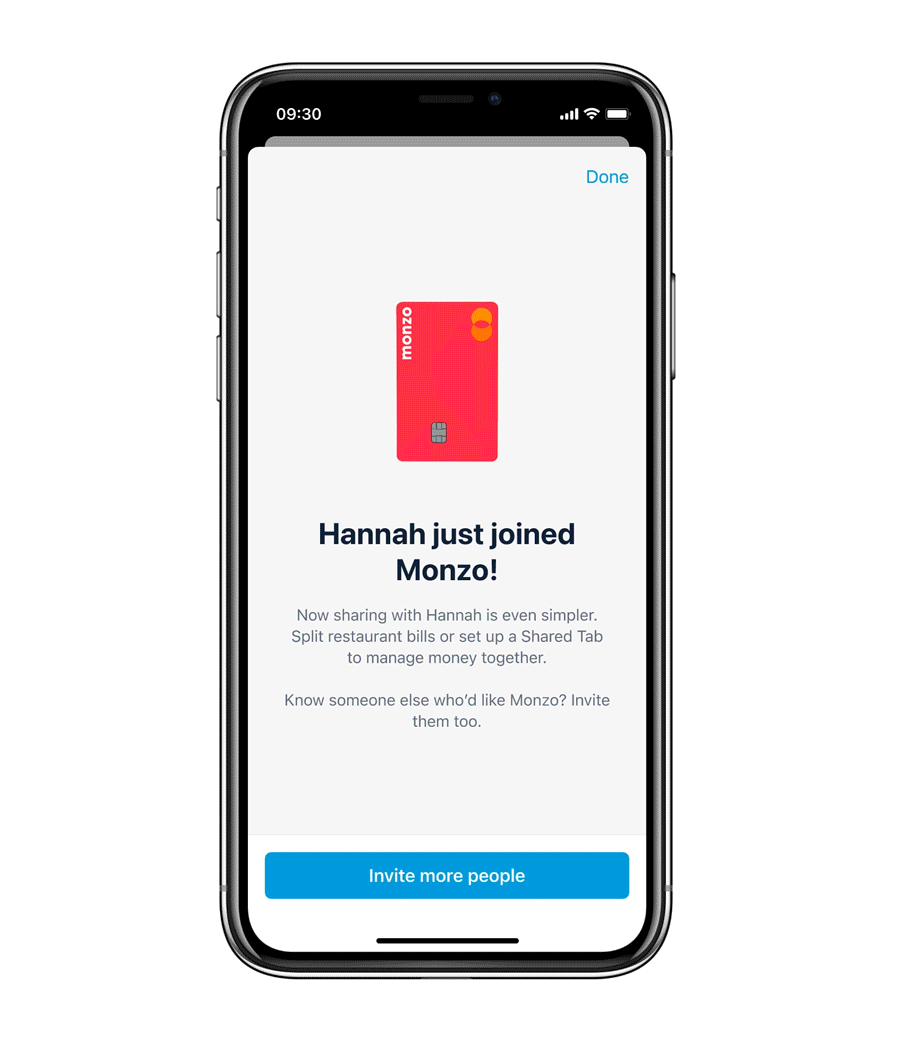 An animation of a screen in Monzo that says "Hannah just joined Monzo" with two Monzo cards overlapping to form a heart shape