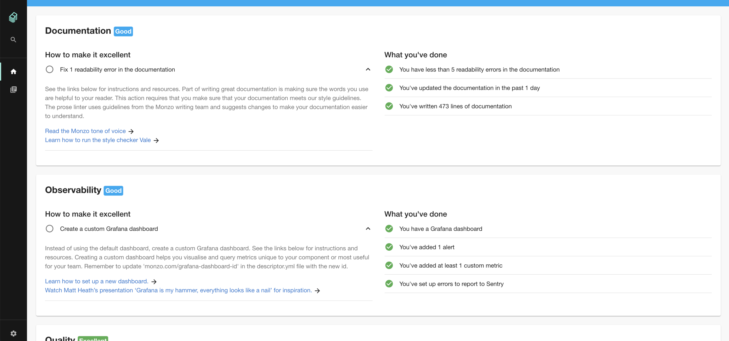 A screenshot of a component's grade and the actions required to improve it.