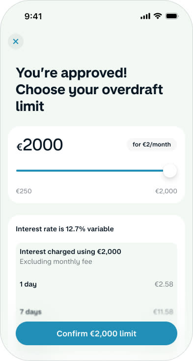 A Monzo app screenshot of the overdraft limit selector, with "You're approved! Choose your overdraft limit" as the heading, showing €2,000 selected at €2 per month, a 12.7% EAR variable rate, and a sample interest charge of €2.58 for 1 day.