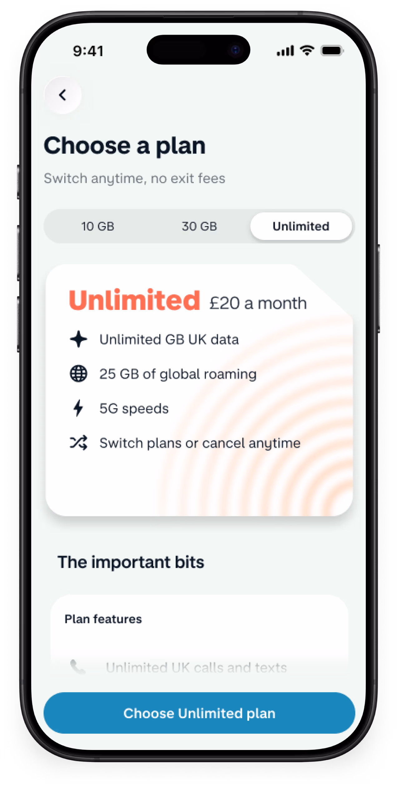 An app screen showing the home page of Monzo Mobile in the Monzo app. It shows the data usage remaining on the monthly plan, and how much roaming data is also left.It gives the option to buy a roaming add on
