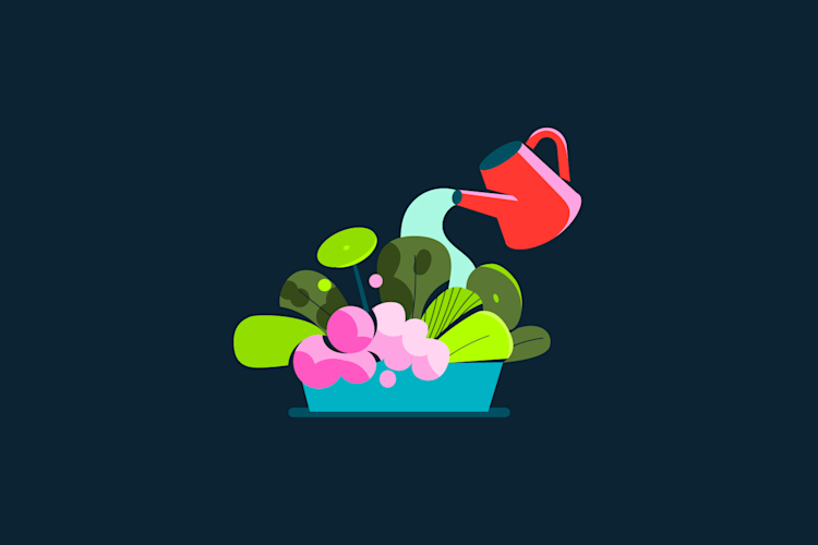 `A red watering can pours water onto a vibrant plant with green and pink leaves in a light blue pot.`