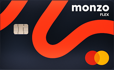 A Monzo Flex credit card, in dark blue with a hot coral line waving across it, and the mastercard logo in the corner.