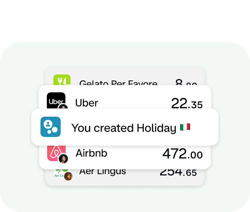 A "Holiday" Split showing transactions via Uber, Airbnb and Aer Lingus. 