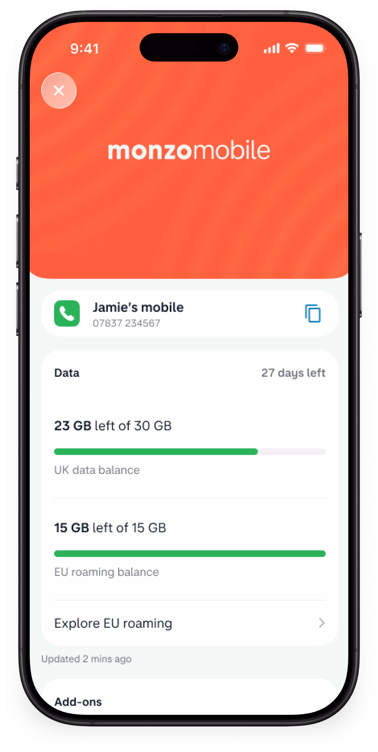An app screen shows the Monzo Mobile home page, with a view of a customer's data usage, and their roaming data usage. 