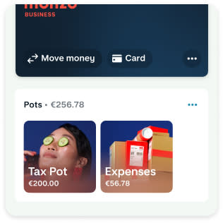 Monzo Business app screen displaying pots including ‘Tax Pot’ and ‘Expenses’ with their respective balances.