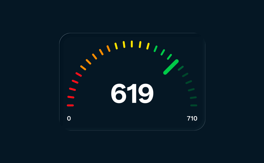 A dial on a dark blue background showing a credit score rating