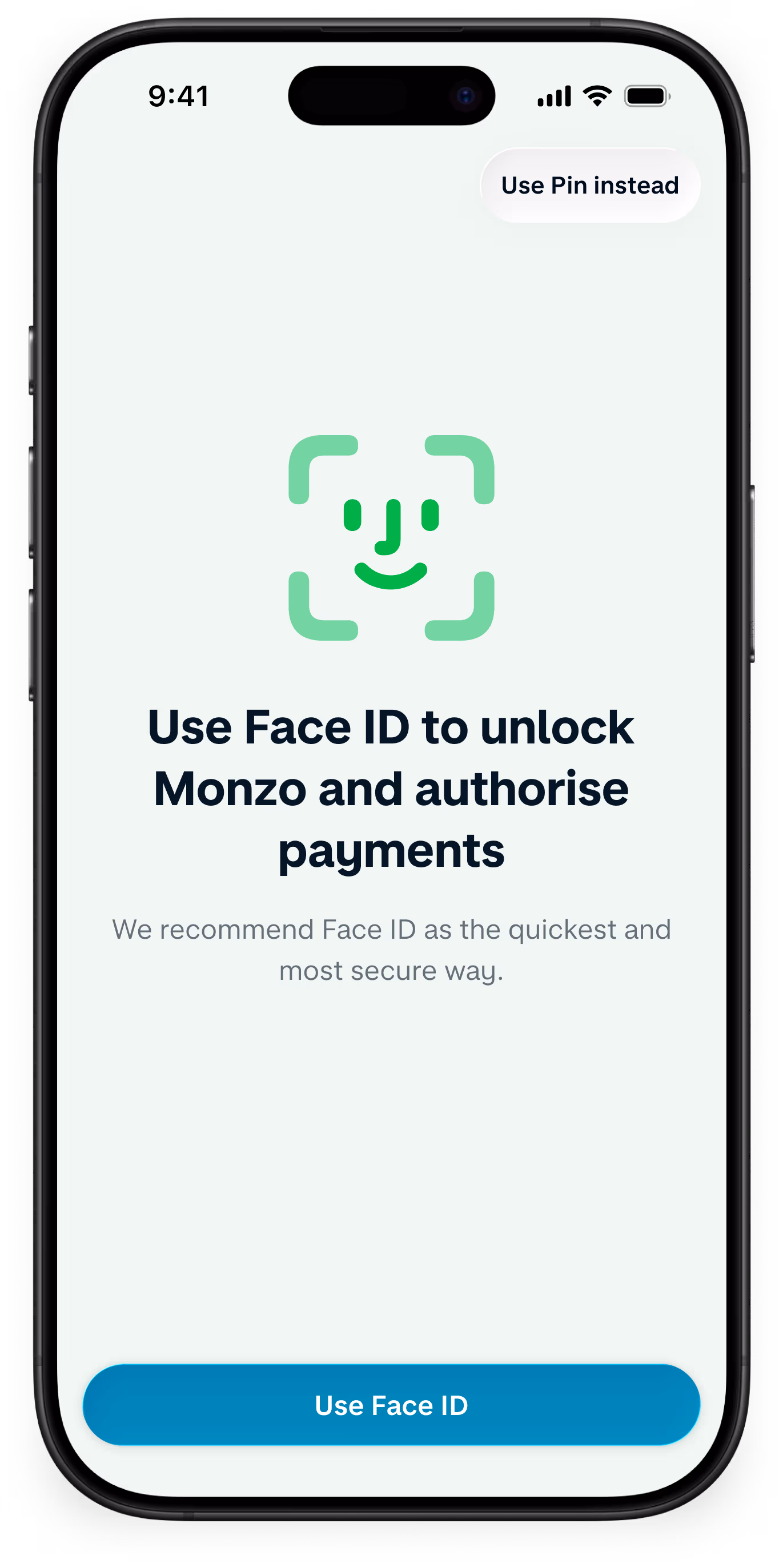 UI showing Monzo's biotmetic login feature, using Face ID.