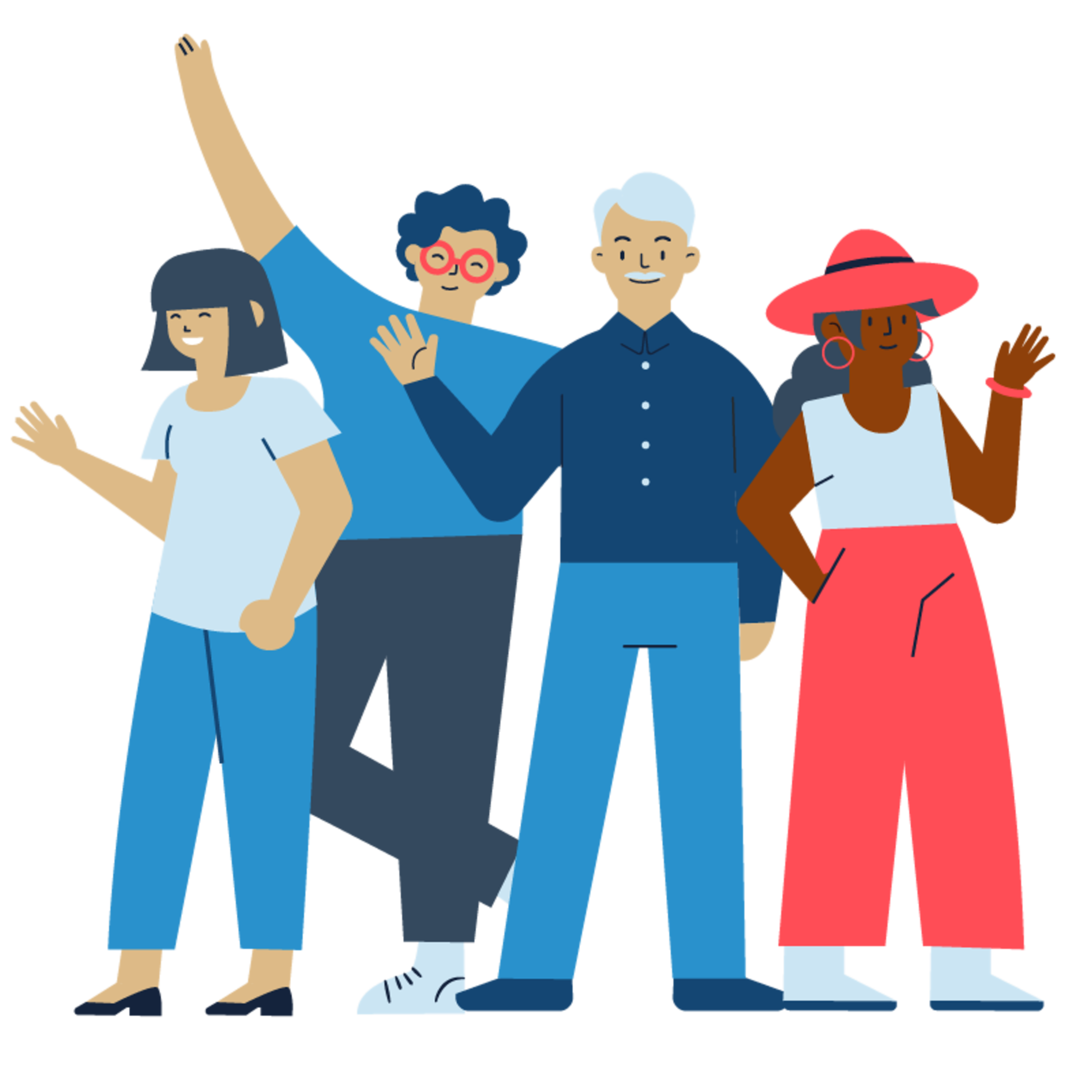 An illustration of four people of different ages, races, and genders smiling and waving
