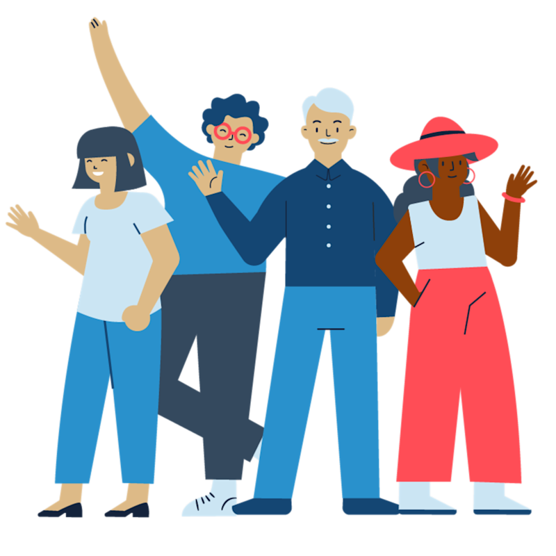 An illustration of four people of different ages, races, and genders smiling and waving